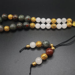 African Bloodstone, Snow Quartz, and Gold Filigree Komboloi - Greek Worry Beads