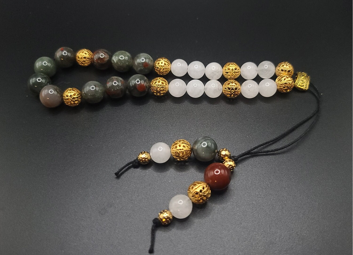 African Bloodstone, Snow Quartz, and Gold Filigree Komboloi - Greek Worry Beads