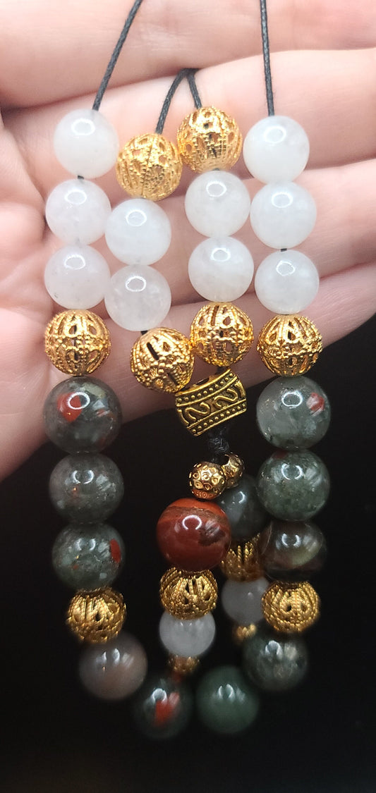 African Bloodstone, Snow Quartz, and Gold Filigree Komboloi - Greek Worry Beads