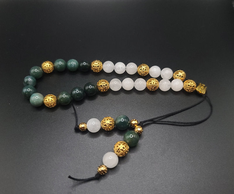 Moss Agate, Snow Quartz, and Gold Filigree Komboloi - Greek Worry Beads