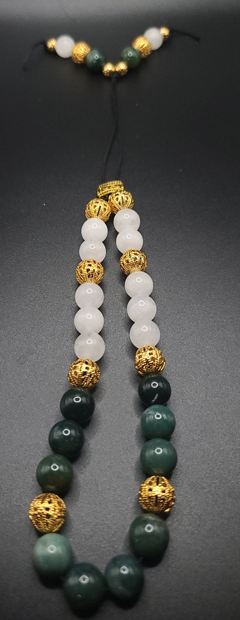 Moss Agate, Snow Quartz, and Gold Filigree Komboloi - Greek Worry Beads