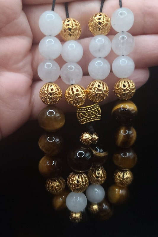 Tiger Eye, Snow Quartz, and Gold Filigree Komboloi - Greek Worry Beads